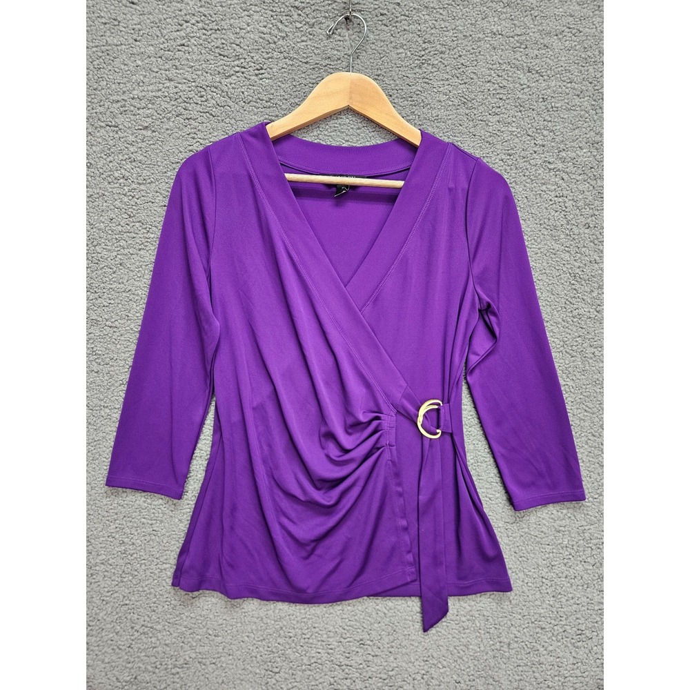 Lauren Ralph Lauren Faux Wrap Top M Purple Gold Buckle Ruched V Neck Workwear